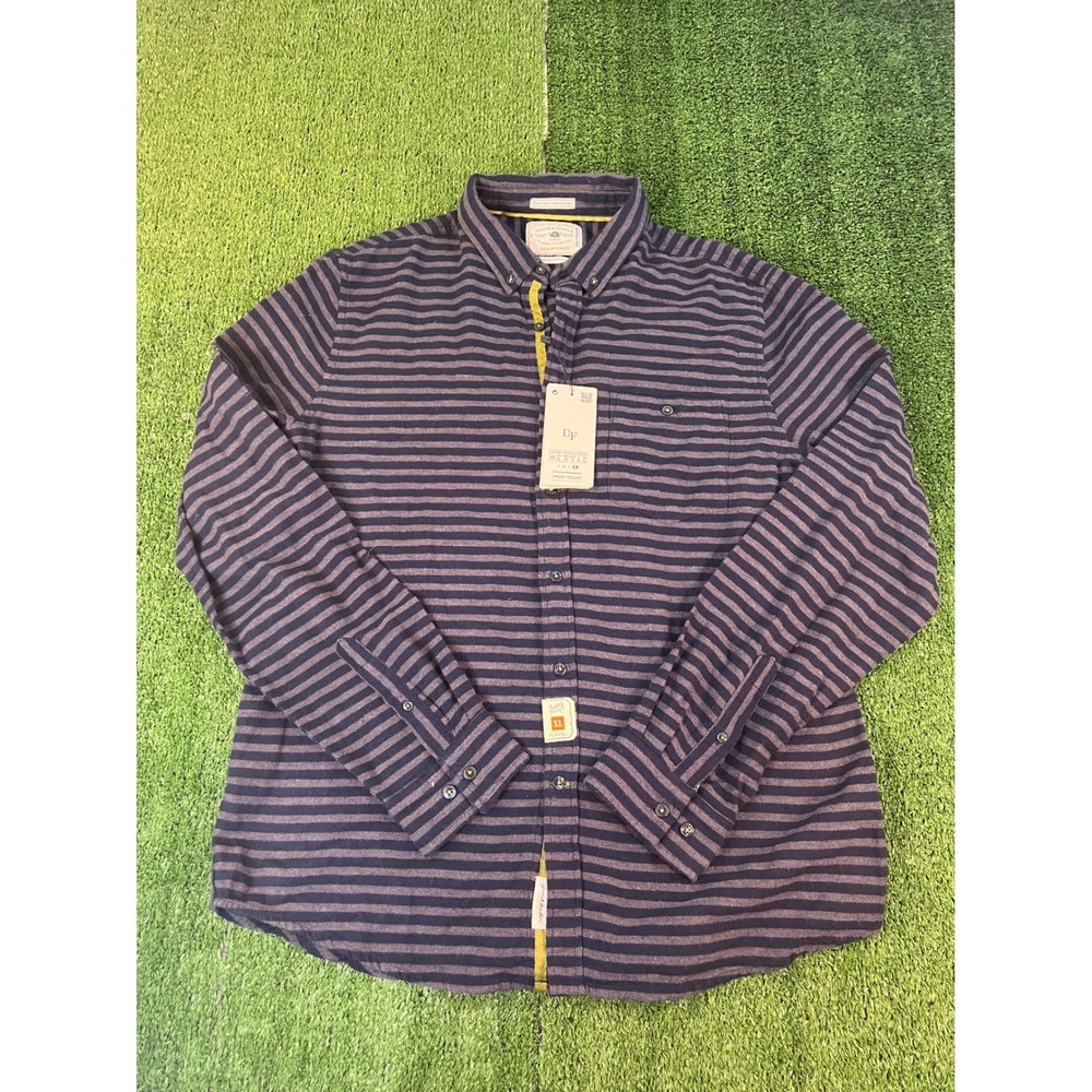 NWT Denim & Flower Mens XL Slim Fit Flannel Shirt Navy Grey Striped Button Down